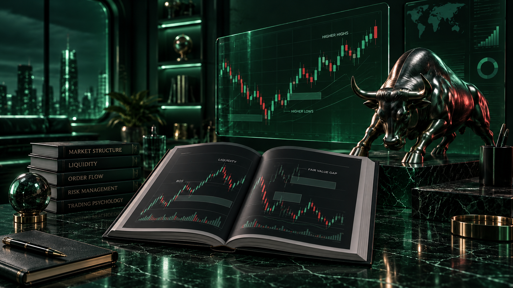 Premium 3D forex education scene with market chart, learning book and bull